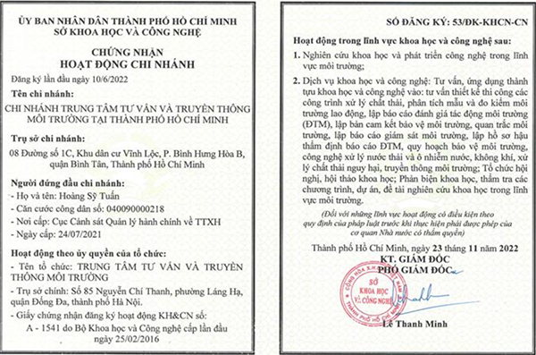 Chứng nhận hoạt động Chi nhánh tại TP.Hồ Chí Minh